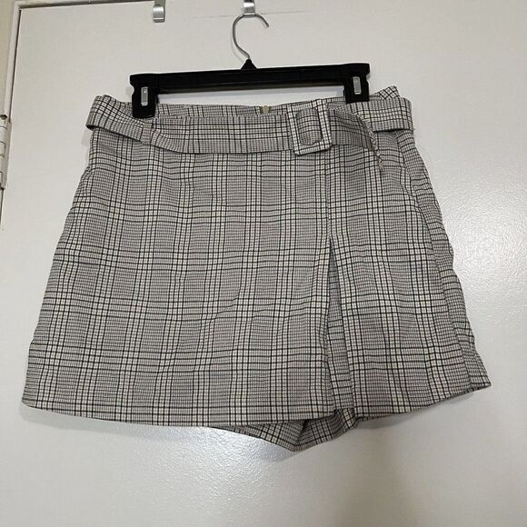 Stradivarius Belted Tan plaid side slit Skirt high waist mini shorts size US 8 - Picture 2 of 5